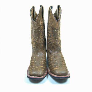Laredo Women’s EMMYLOU Leather Western Boots – Leopard & Hearts – Sz 6.5